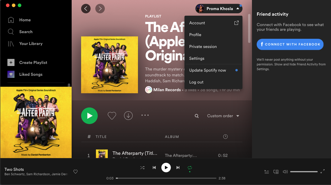  تصویری از برنامه دسکتاپ Spotify که منوی زیر نمایه شخصی را برجسته می‌کند.