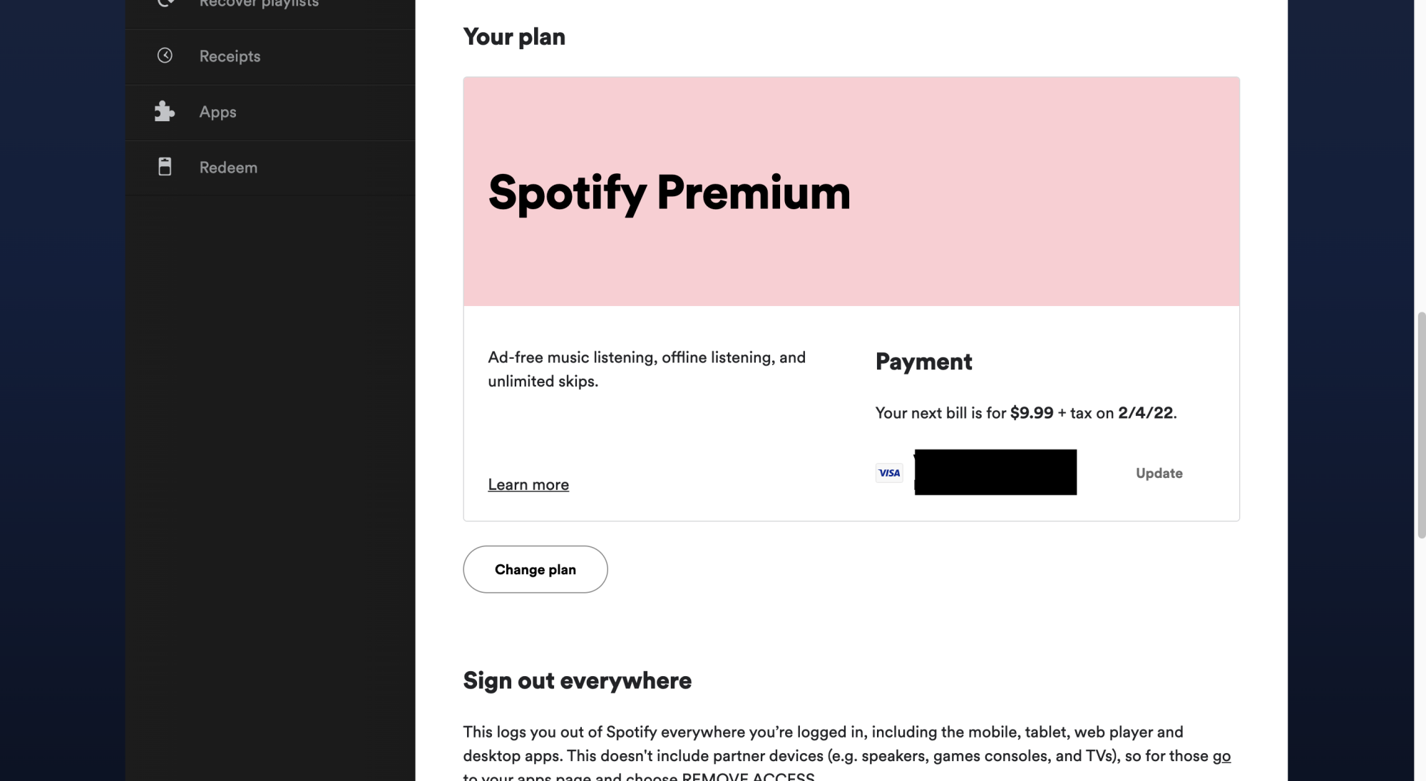  نماگرفت تنظیمات حساب Spotify و اطلاعات صورت‌حساب.