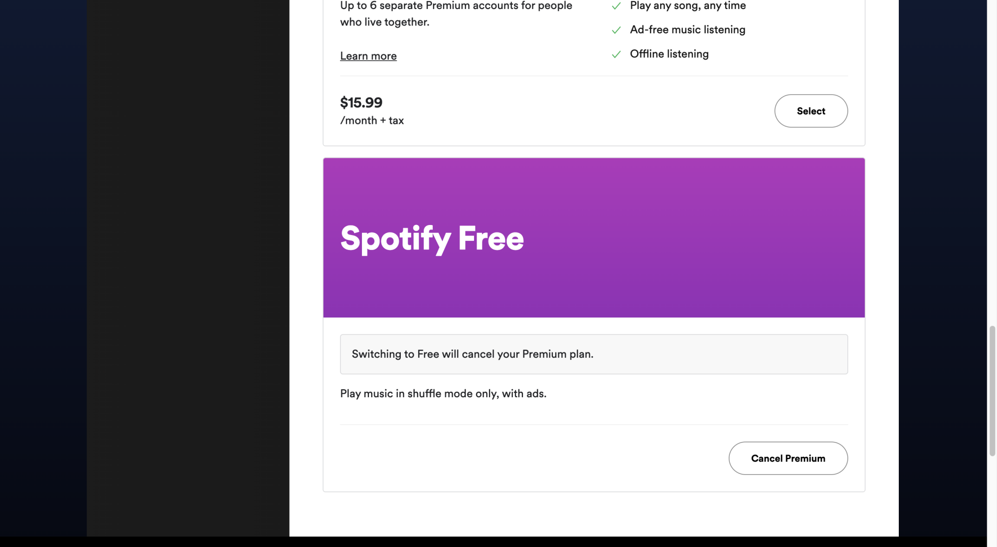  نماگرفت طرح‌های اشتراک Spotify روی 