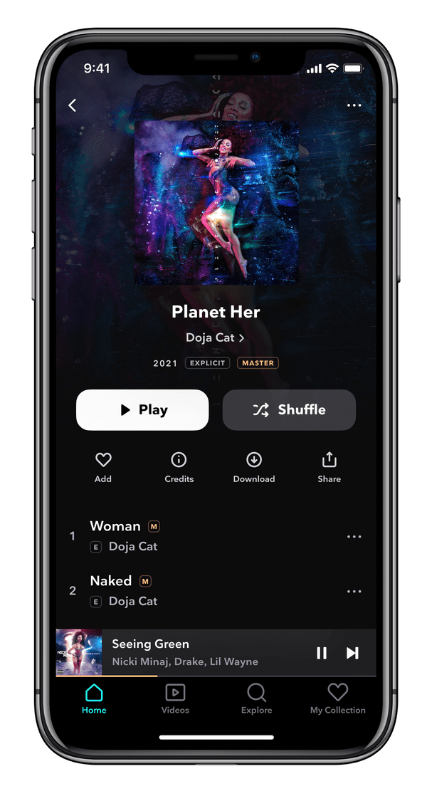  ماکت رابط کاربری Tidal در گوشی هوشمندی که آلبوم Doja Cat Planet Her را نمایش می‌دهد