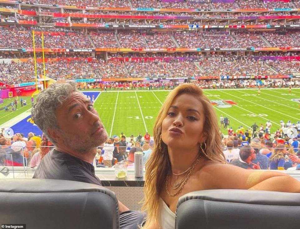Rita Ora posted this picture on Instagram of her with Taika Waititi at the Super Bowl in Los Angeles