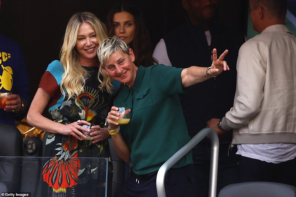 Ellen DeGeneres and Portia de Rossi are seen during the Super Bowl in California