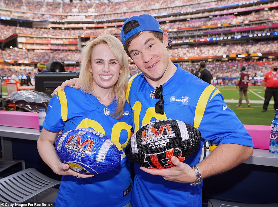 Rebel Wilson and Adam Devine attend Super Bowl LVI Pregame at SoFi Stadium in California