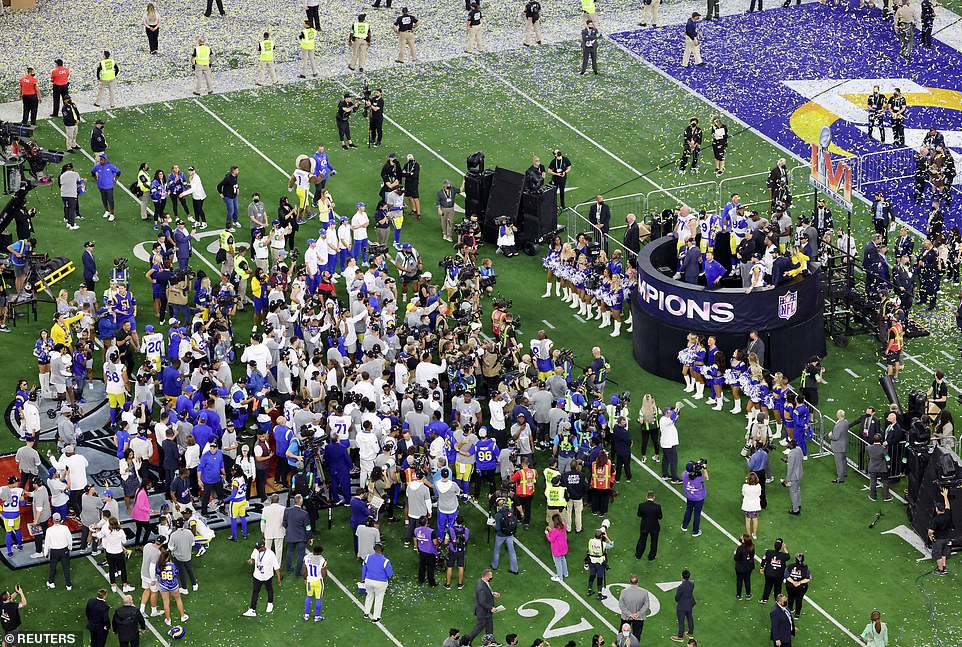 The Los Angeles Rams celebrate after winning Super Bowl LVI at SoFi Stadium in the city on Sunday