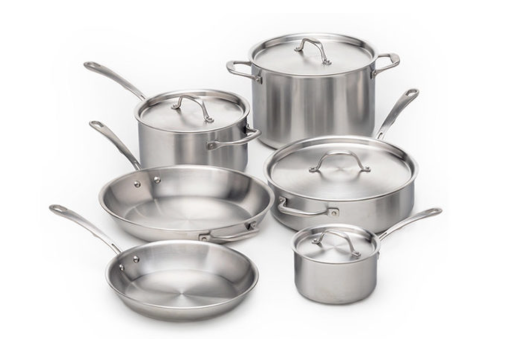 A collection of silver pots and pans 