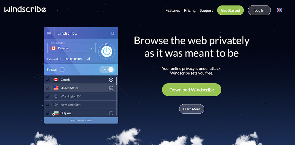 The homepage of Windscribe.