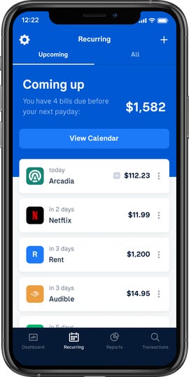 A list of upcoming bills in Truebill on a phone