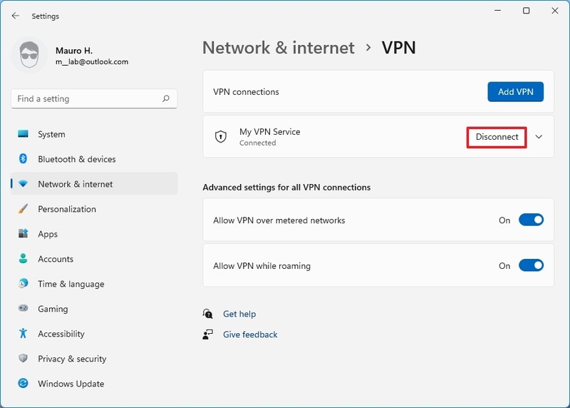 Disconnect VPN via Settings