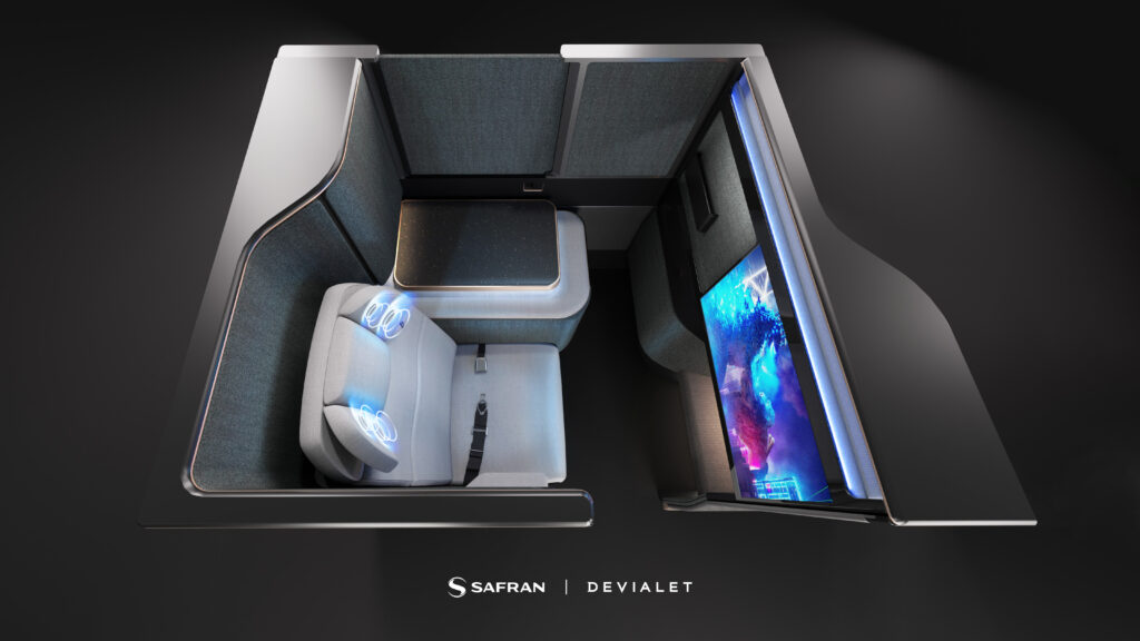 An overhead view of a Safran premium seat with the'Euphony sound experience.