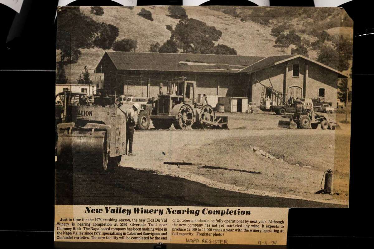 A 1974 newspaper clipping shows Clos Du Val under construction. The winery is among several historic wineries to recently undergo rebrands and remodeling.