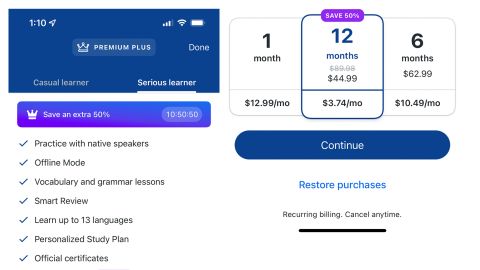 Offers to get you to spend more money constantly pop up in the Busuu Premium Plus app as you're using it.