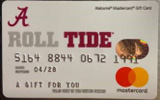 Fan card that looks much like a credit card with a script A and ROLL TIDE printed in the upper left corner, raised numbers, and the Mastercard logo in the bottom right