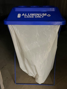 Recycling Bin with blue lid that reads Aluminum - Cans Only