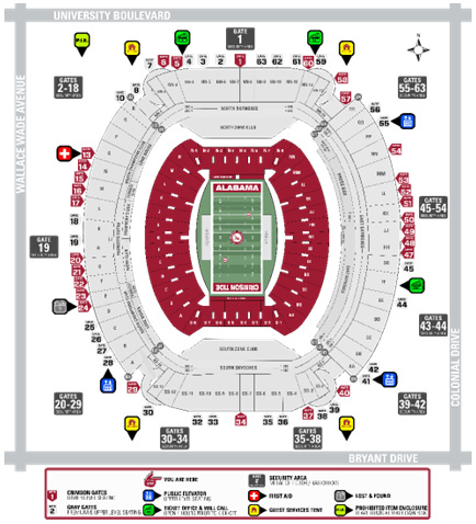 Stadium map showing gates, first aid stations, water monsters, and concessions