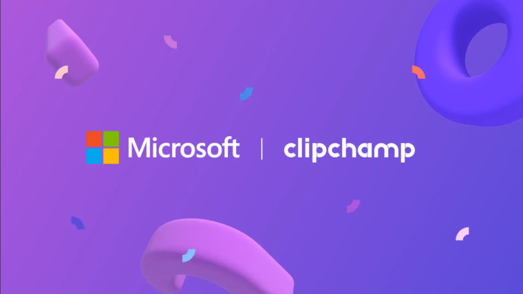 A graphic with Microsoft and Clipchamp logos on a purple background