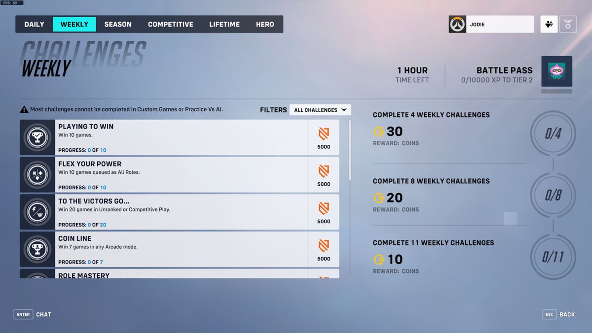 A menu in Overwatch 2 showing the weekly challenges and rewards for the game’s battle pass