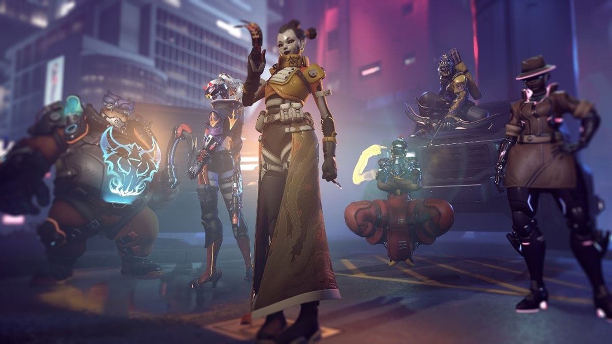 A screenshot from Overwatch 2 showcasing cyberpunk themed skins for Roadhog, Widowmaker, Kiriko, Zenyatta, Hanzo and Sojourn.